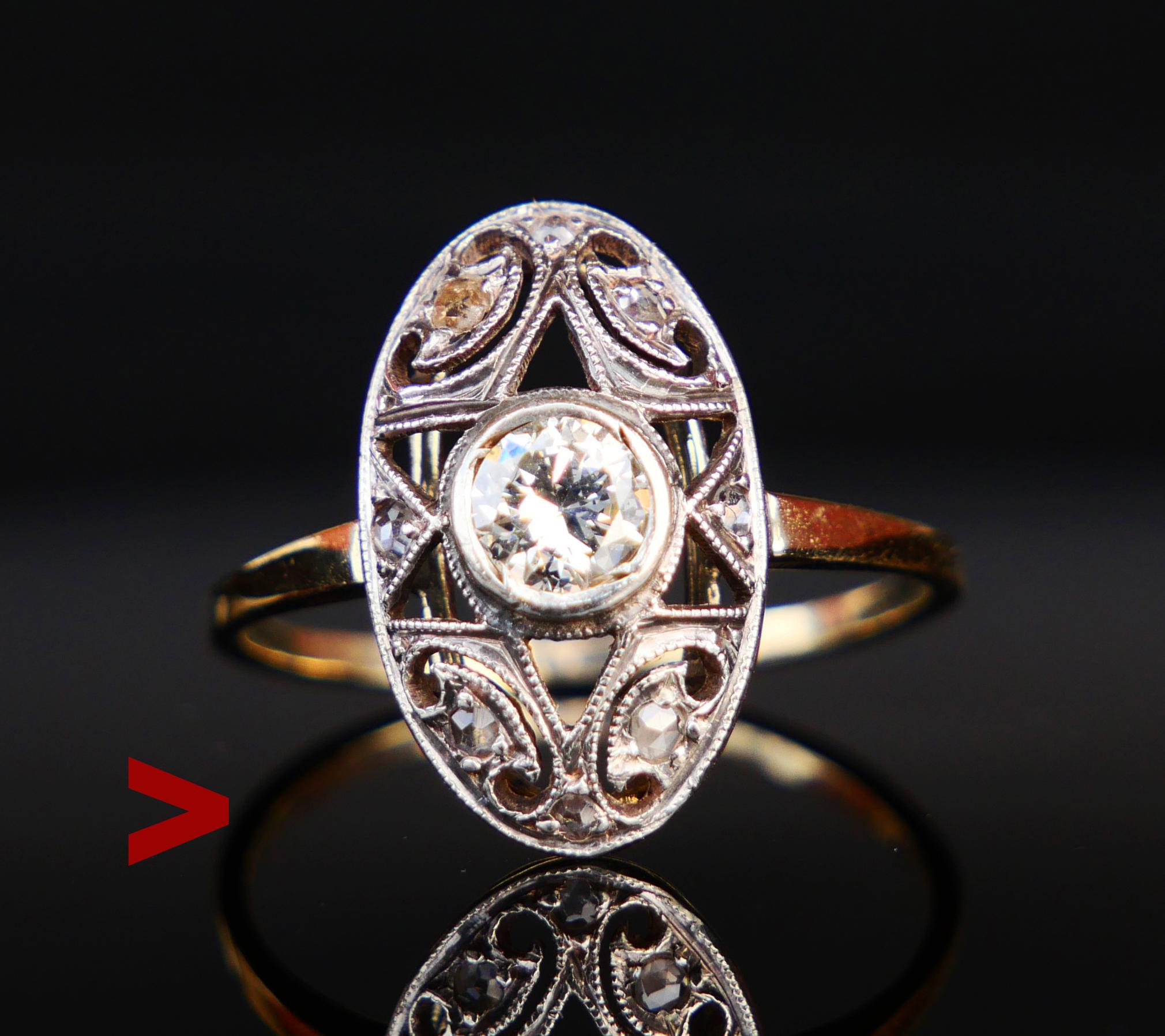 Ring from ca. 1920s -1930s with openwork dome shaped crown in 14K White Gold on 14K Green Gold. Accented Six pointed Star ornament decorated with nine Diamonds placed in precise geometrical order. Largest is bezel set old European cut Diamond Ø 5mm