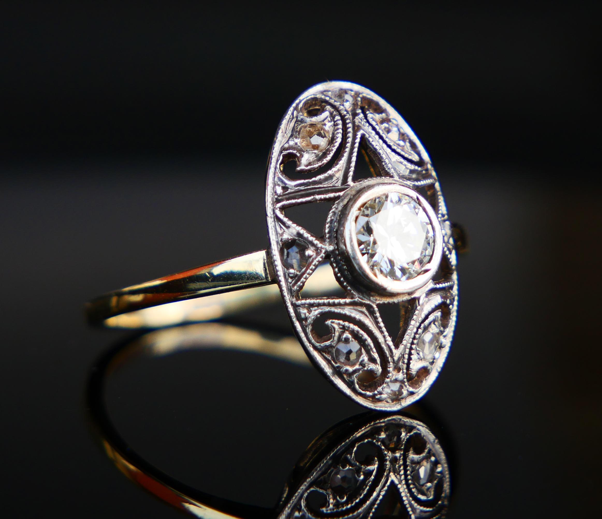 Antiker Art Deco Ring 0.5ct Diamant massiv 14K Grüngold Ø US 7.75 / 2.7g (Art déco) im Angebot