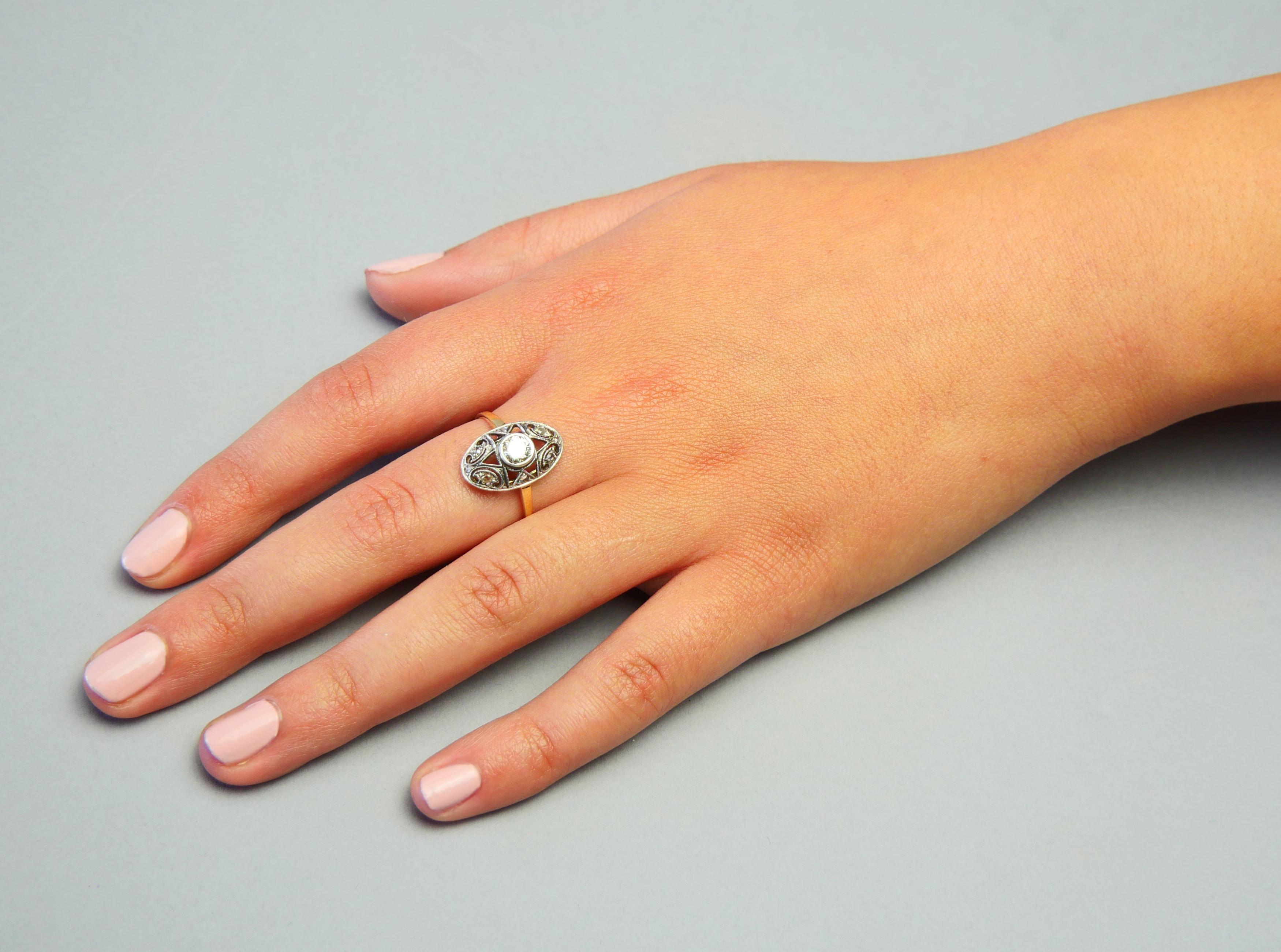 Antiker Art Deco Ring 0.5ct Diamant massiv 14K Grüngold Ø US 7.75 / 2.7g im Angebot 2