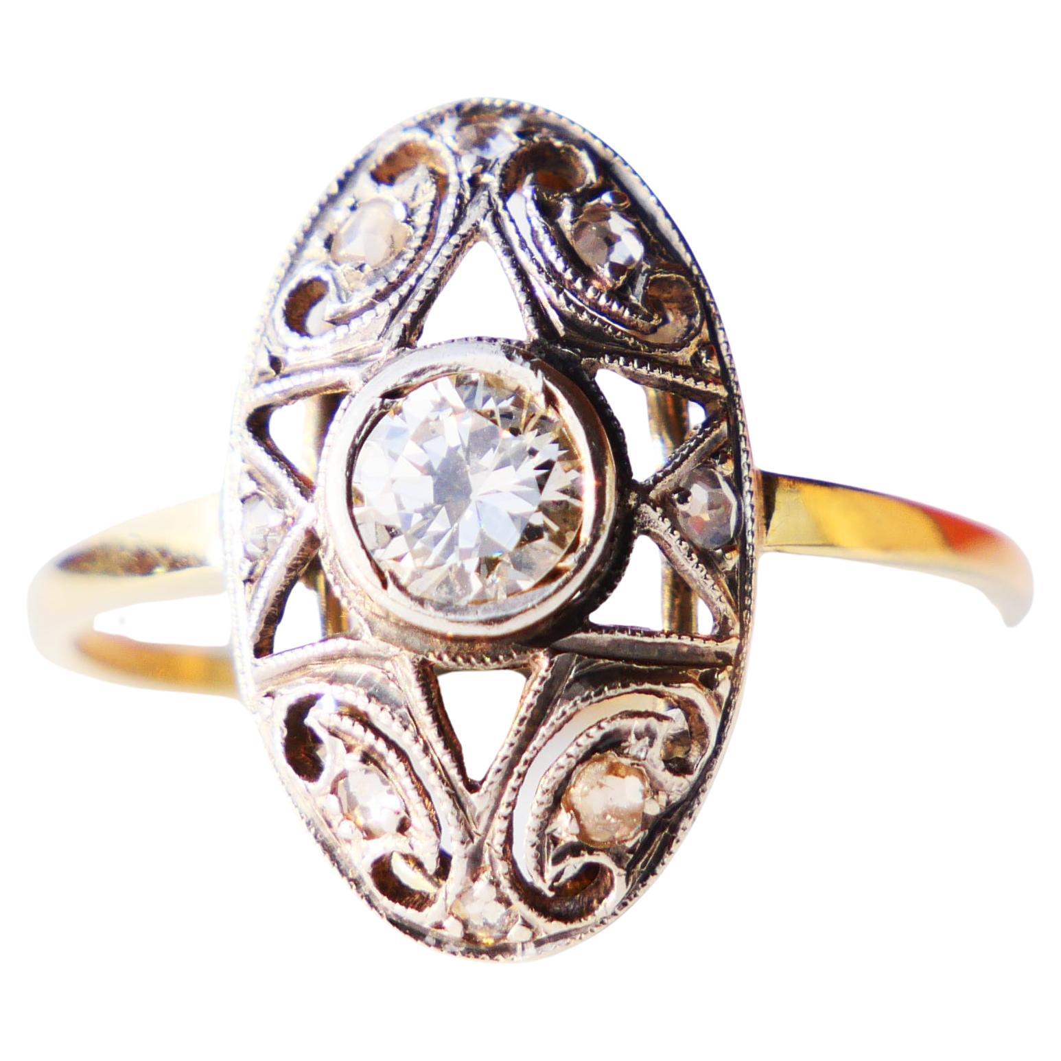 Antiker Art Deco Ring 0.5ct Diamant massiv 14K Grüngold Ø US 7.75 / 2.7g im Angebot