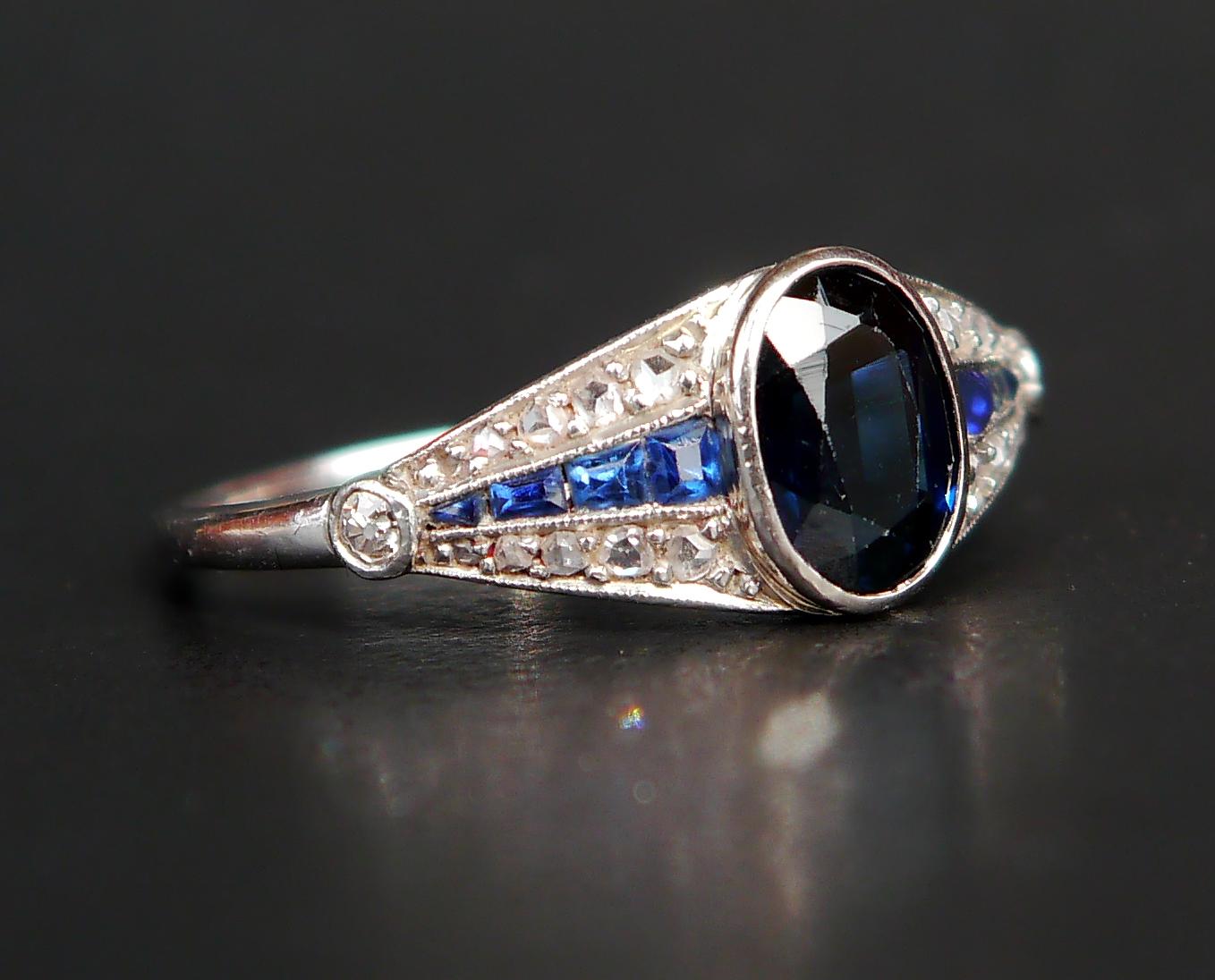 Antique Art - Deco Ring 1.2ct Sapphire Diamonds solid Platinum ØUS 7.25 /3gr For Sale 7