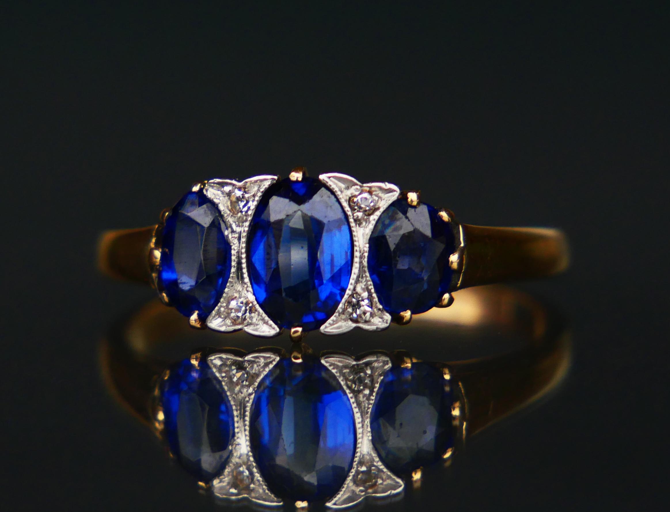 Bague ancienne Art Deco 1ct Sapphires Diamonds 14K Gold Platinum Ø US7.25 /2.7gr en vente 5
