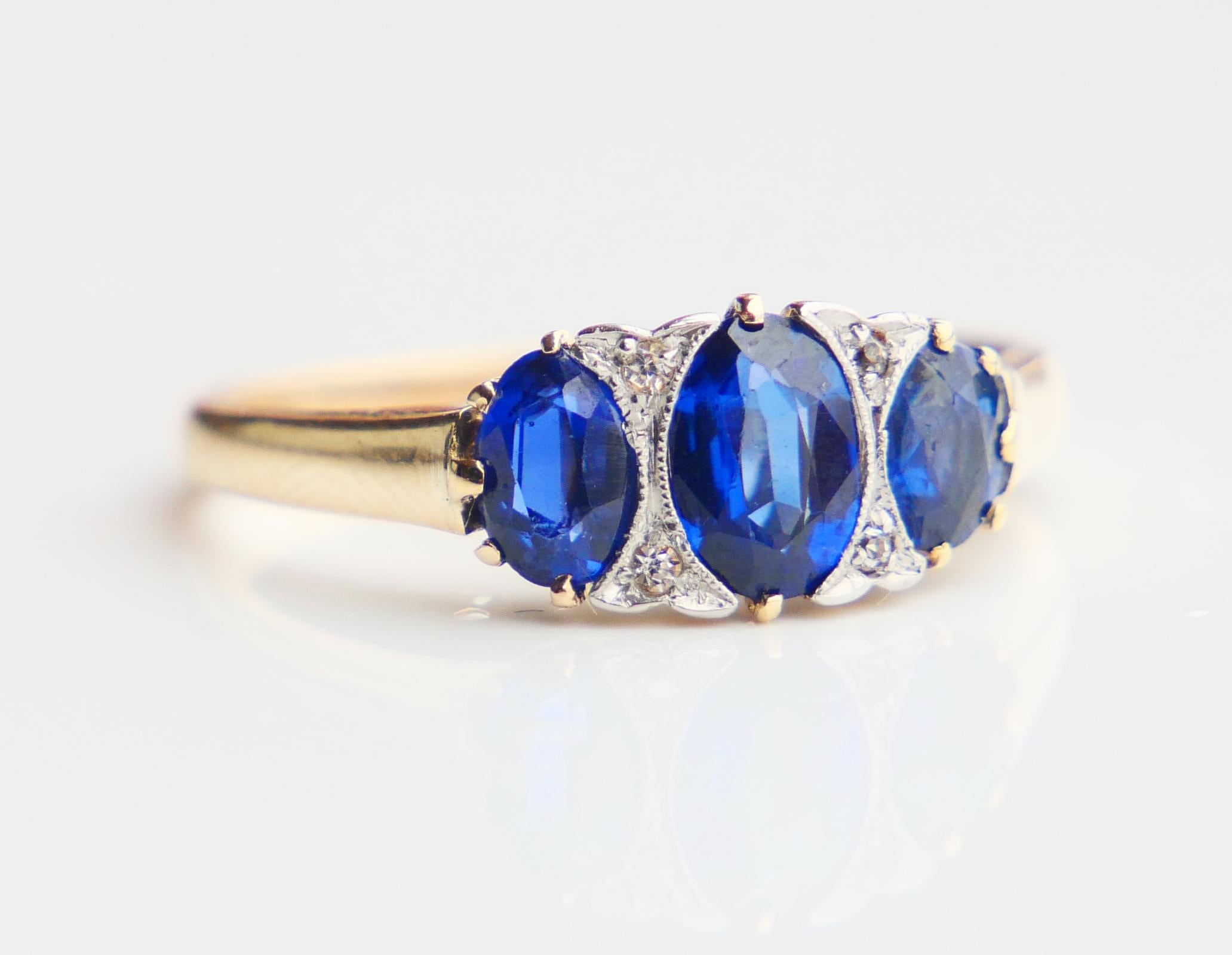 Rétro Bague ancienne Art Deco 1ct Sapphires Diamonds 14K Gold Platinum Ø US7.25 /2.7gr en vente