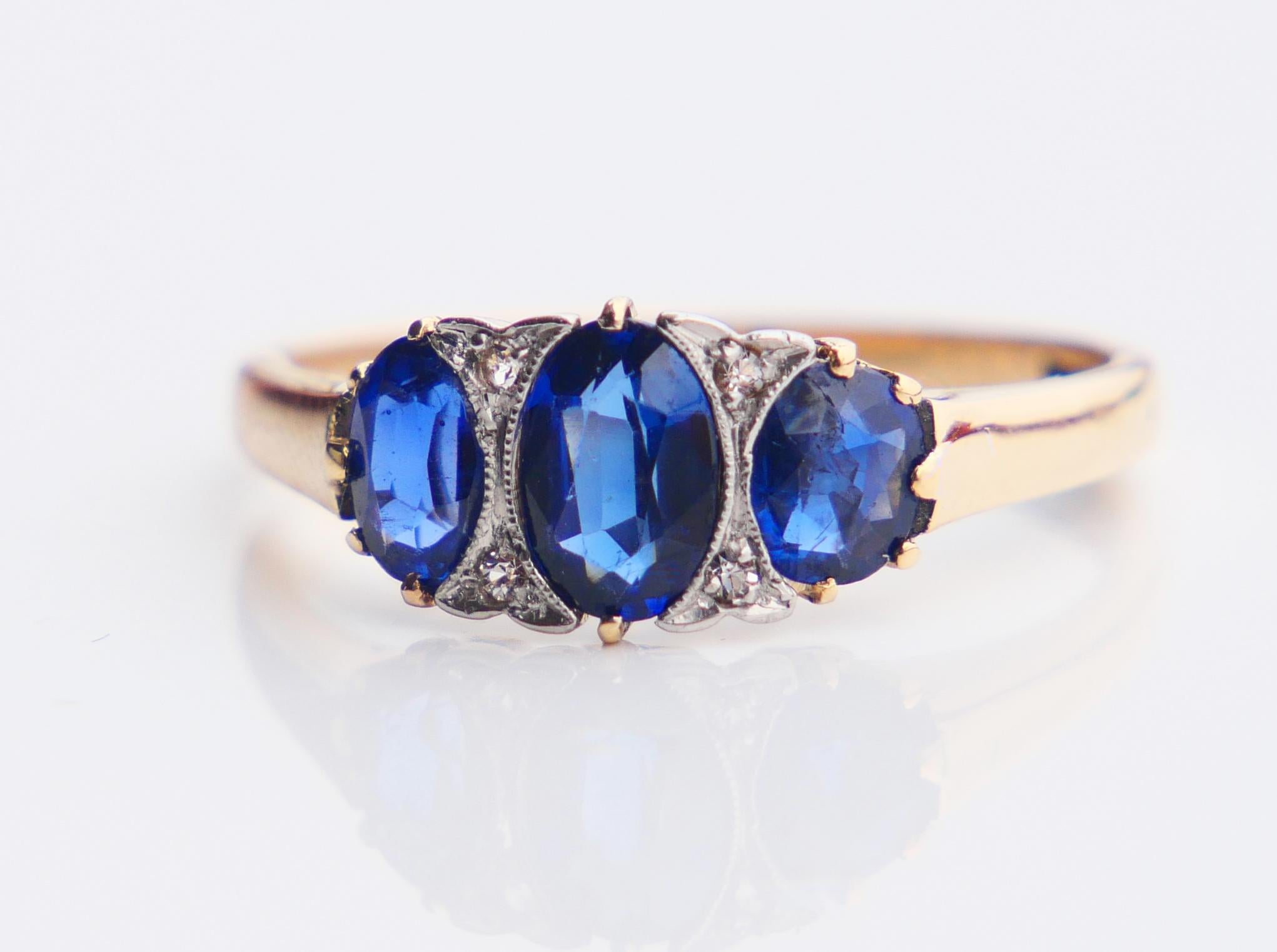 Bague ancienne Art Deco 1ct Sapphires Diamonds 14K Gold Platinum Ø US7.25 /2.7gr en vente 1
