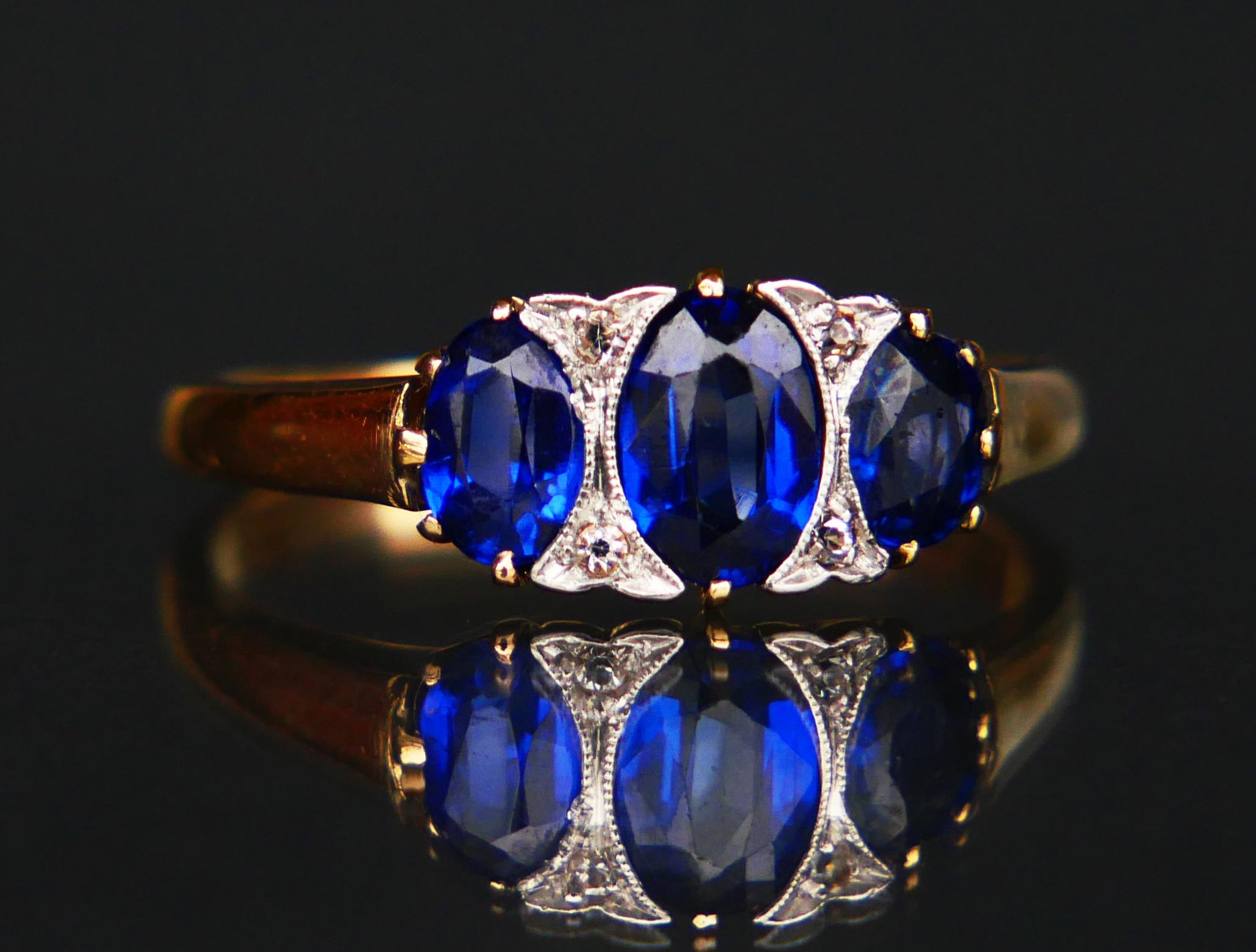 Bague ancienne Art Deco 1ct Sapphires Diamonds 14K Gold Platinum Ø US7.25 /2.7gr en vente 4