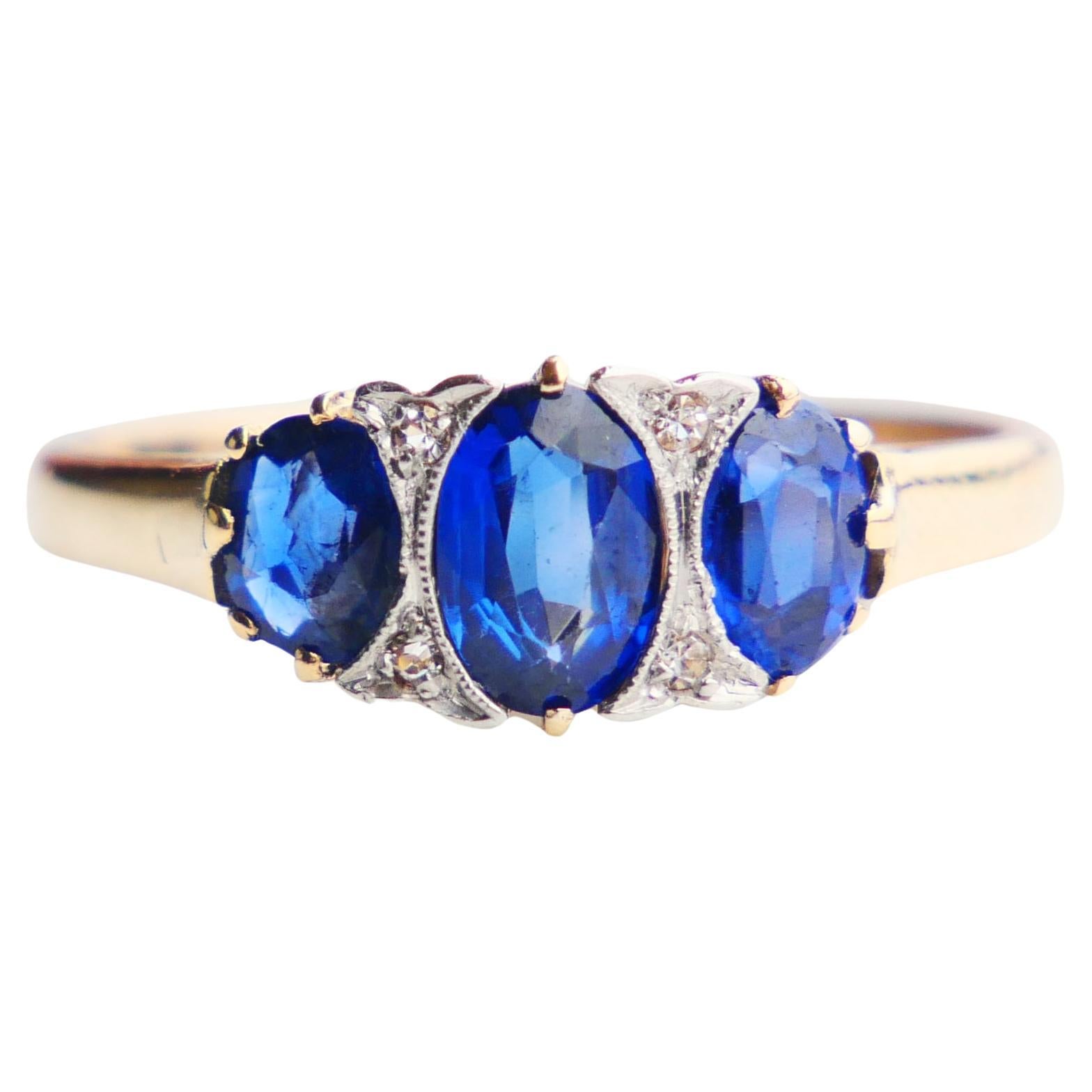 Bague ancienne Art Deco 1ct Sapphires Diamonds 14K Gold Platinum Ø US7.25 /2.7gr en vente