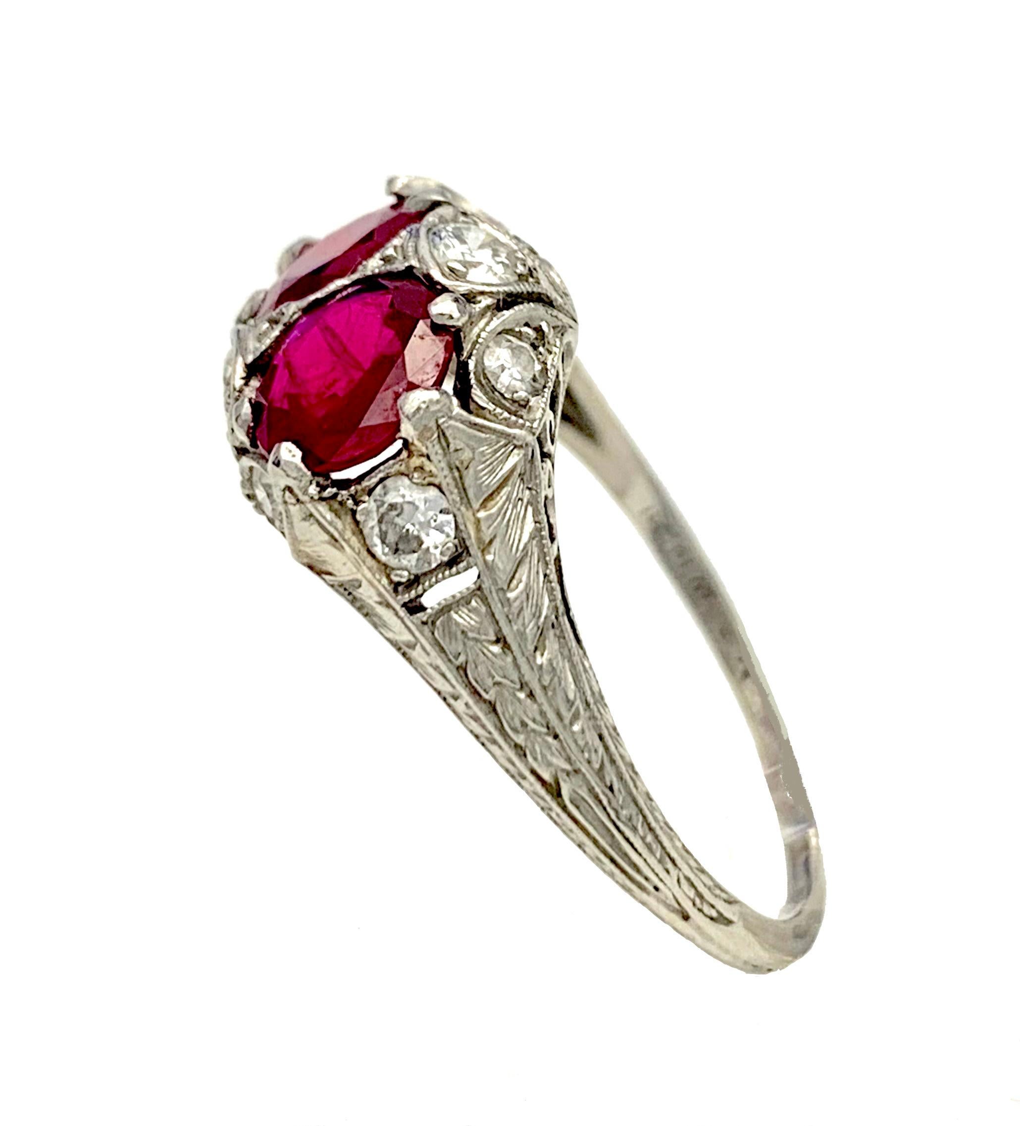 Women's Antique Art Deco Ring Platinum Diamond Natural Ruby For Sale