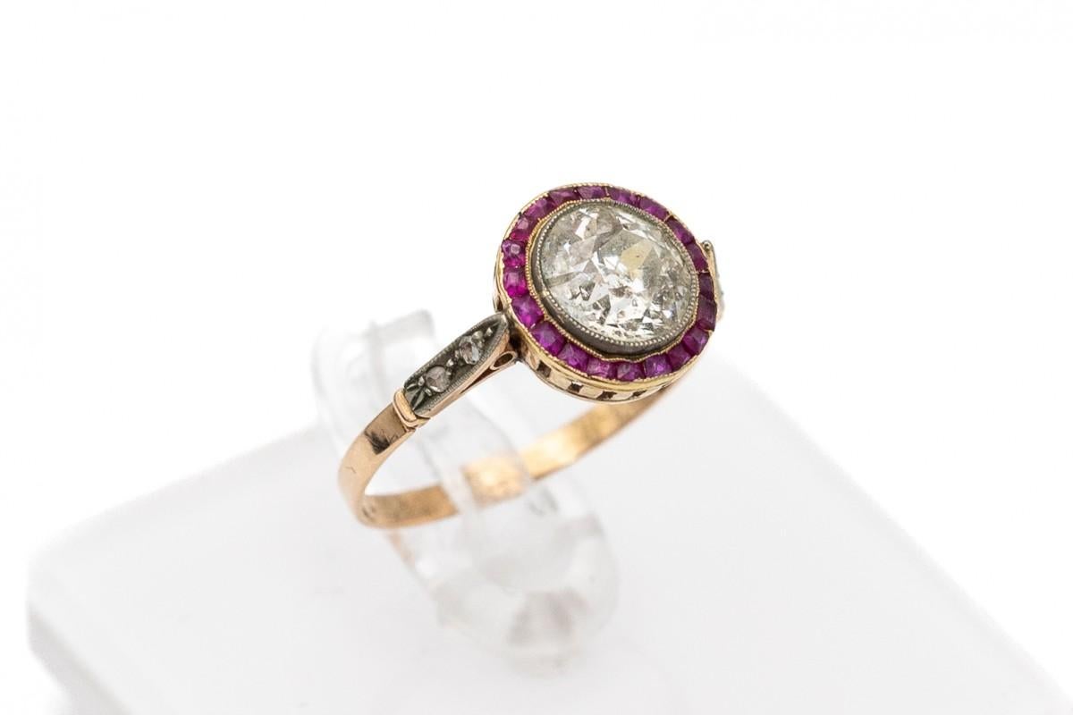 Brilliant Cut Antique Art Deco ring with rubies and diamond, approx. 1.60 ct For Sale