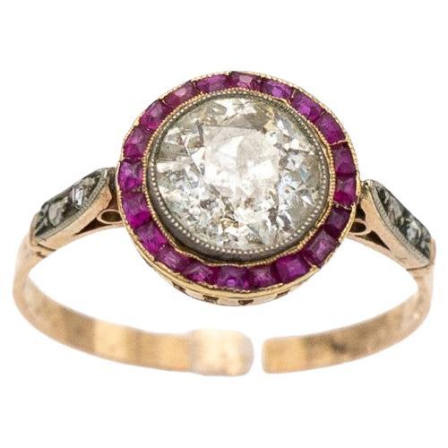Antique Art Deco ring with rubies and diamond, approx. 1.60 ct For Sale