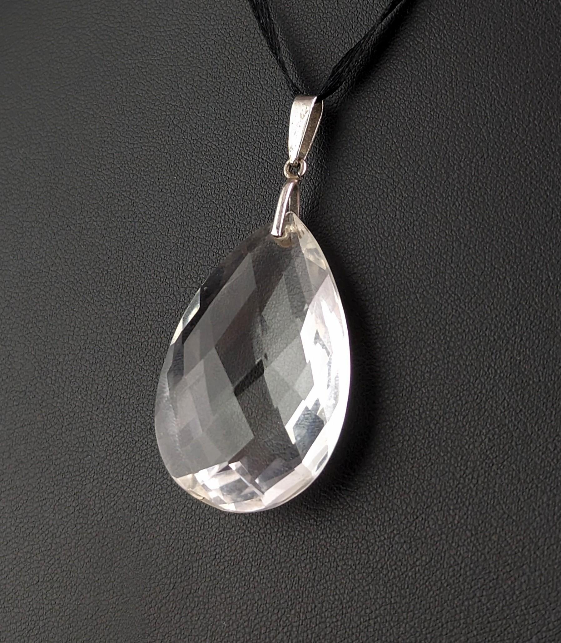 Antique Art Deco Rock Crystal briolette pendant, sterling silver  2