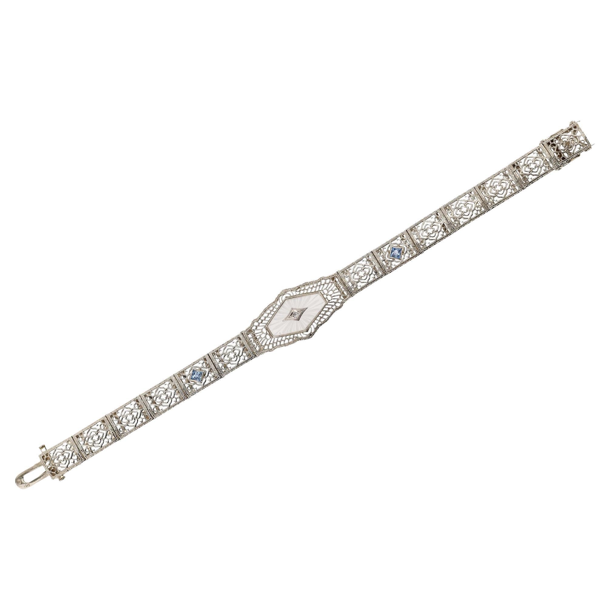Antique Art Deco Rock Crystal Filigree Diamond 14k White Gold Bracelet For Sale