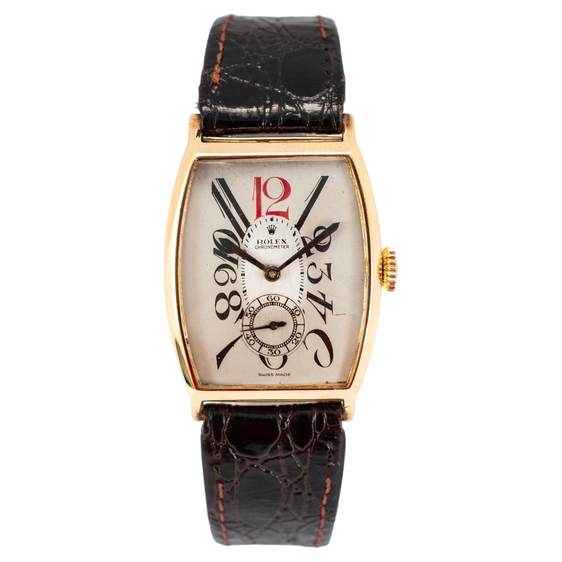 Antique Art-Deco Rolex 26mmx38mm Tonneau Sub Seconds Arabic 9K Gold Manual Watch
