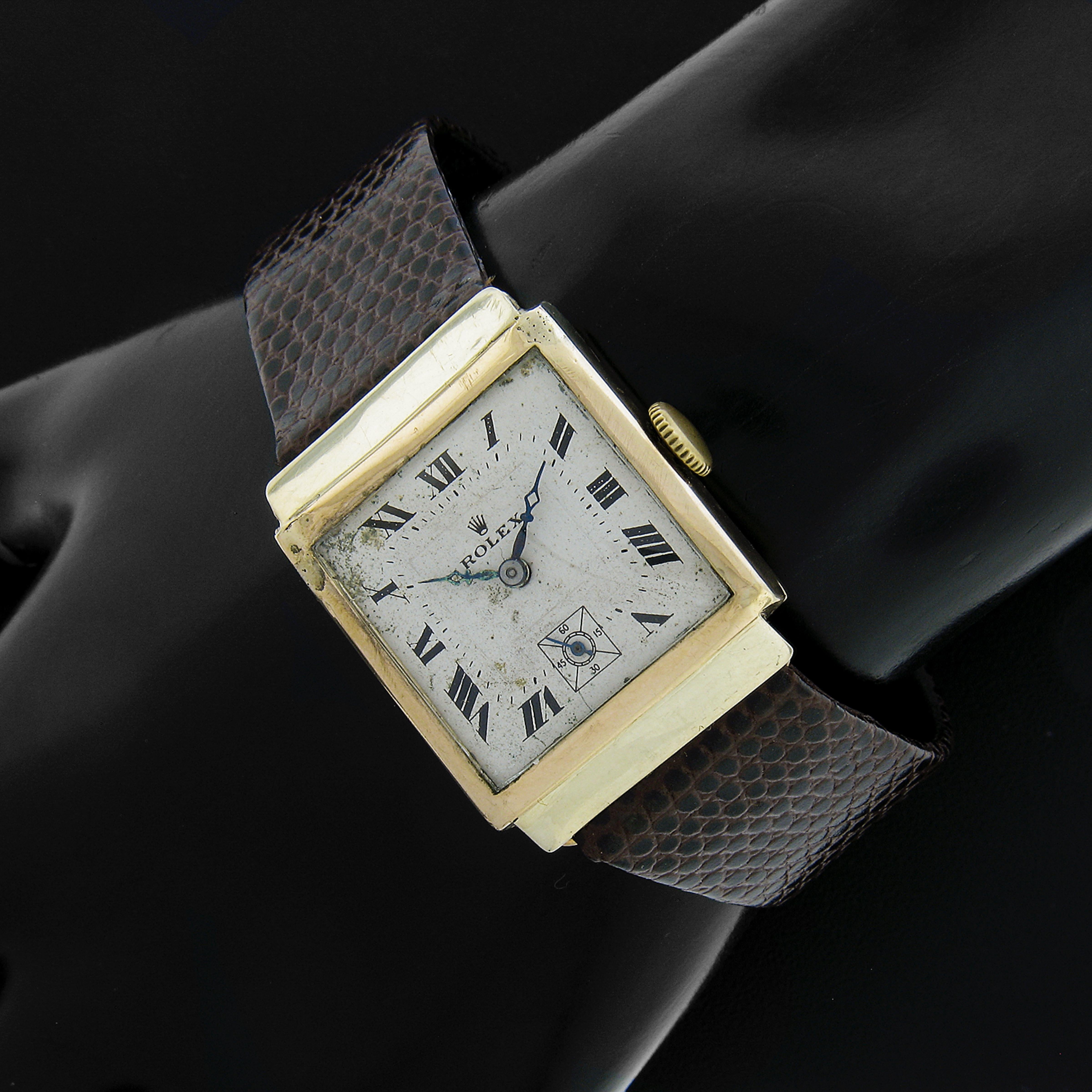 Art déco Antique Art Deco Rolex 9k Rose Gold Square 15j Mechanical Hand Wound Wrist Watch en vente