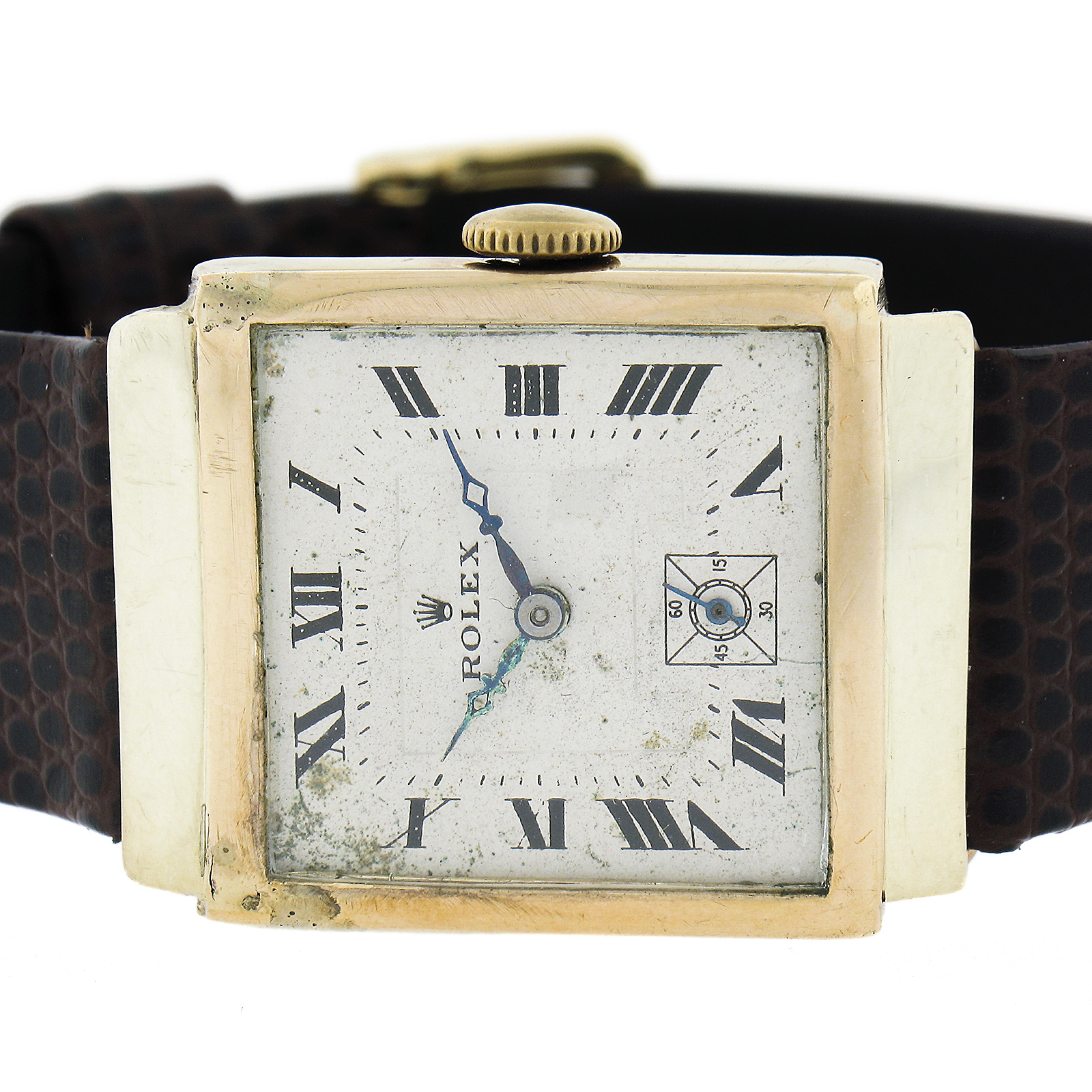 Antike Art Deco Rolex 9k Rose Gold Quadrat 15j mechanische Hand gewickelt Armbanduhr im Zustand „Gut“ im Angebot in Montclair, NJ