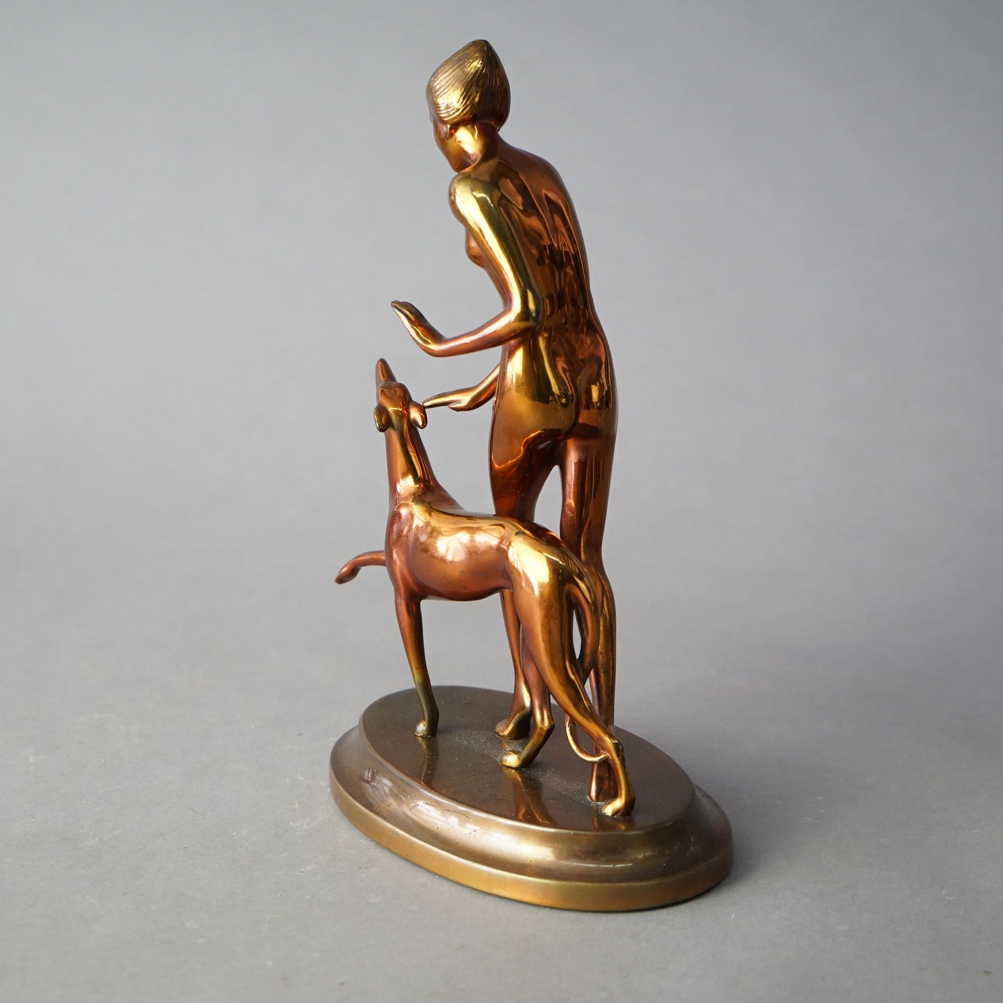 Cast Antique Art Deco Ronson Georgian Gold Metal Nude Figure & Whippet, circa 1920