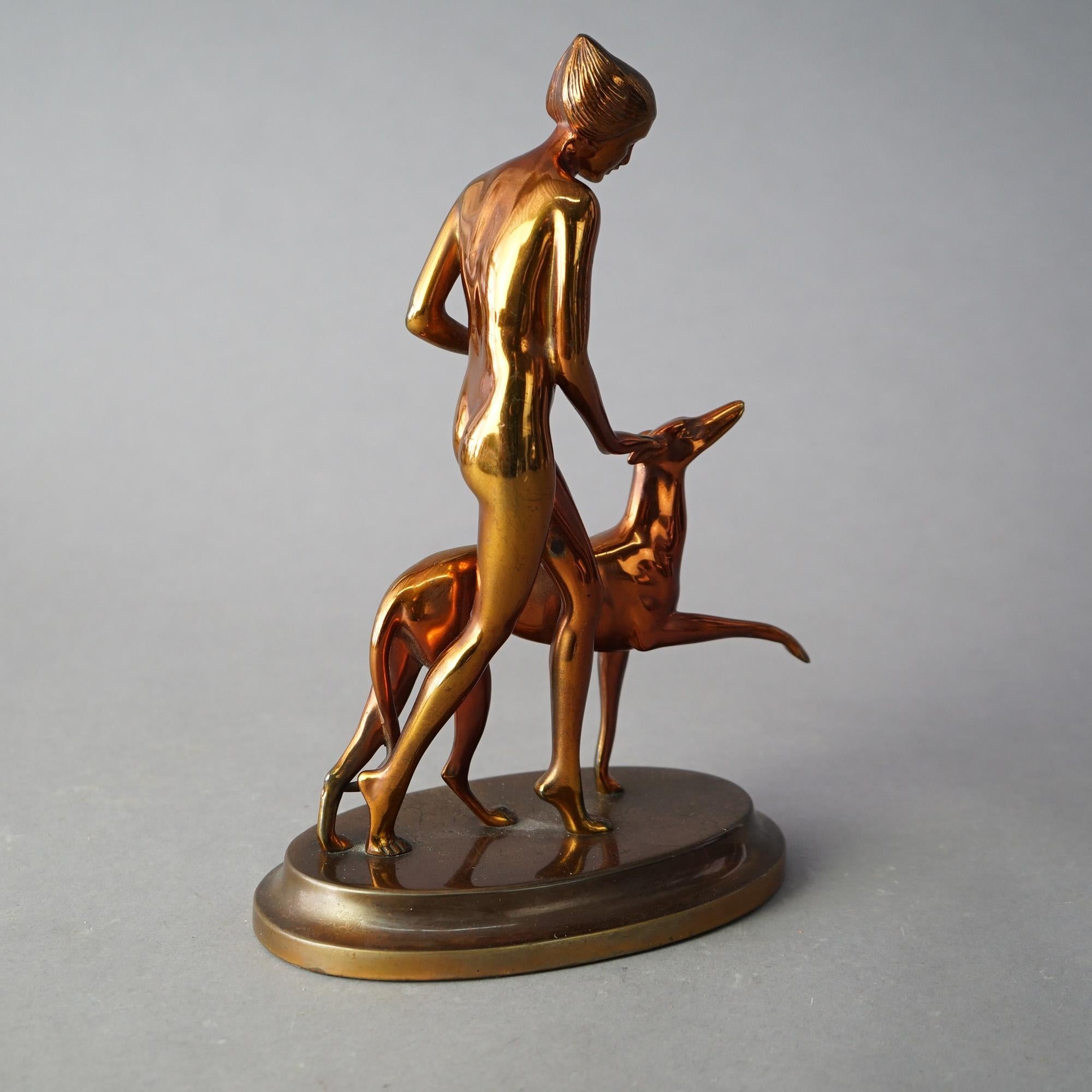 Antique Art Deco Ronson Georgian Gold Metal Nude Figure & Whippet, circa 1920 In Good Condition In Big Flats, NY