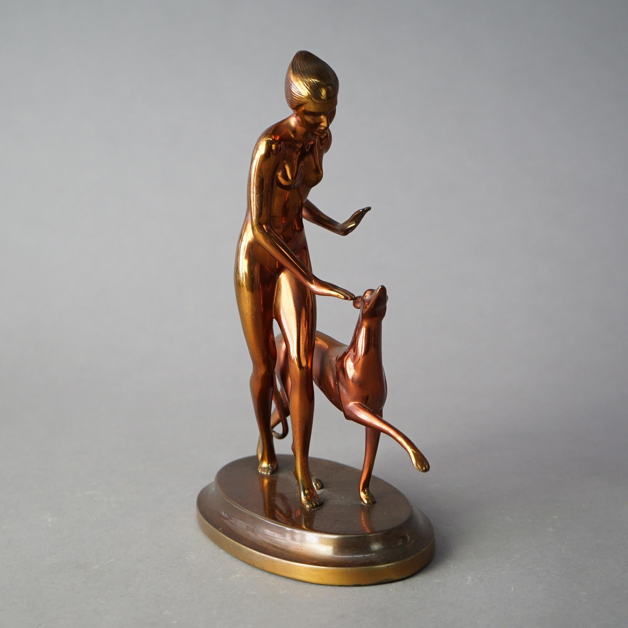 20th Century Antique Art Deco Ronson Georgian Gold Metal Nude Figure & Whippet, circa 1920