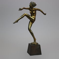 Antique Art Deco Ronson Metal Dancing Nude Figure, Gold Finish, c1920