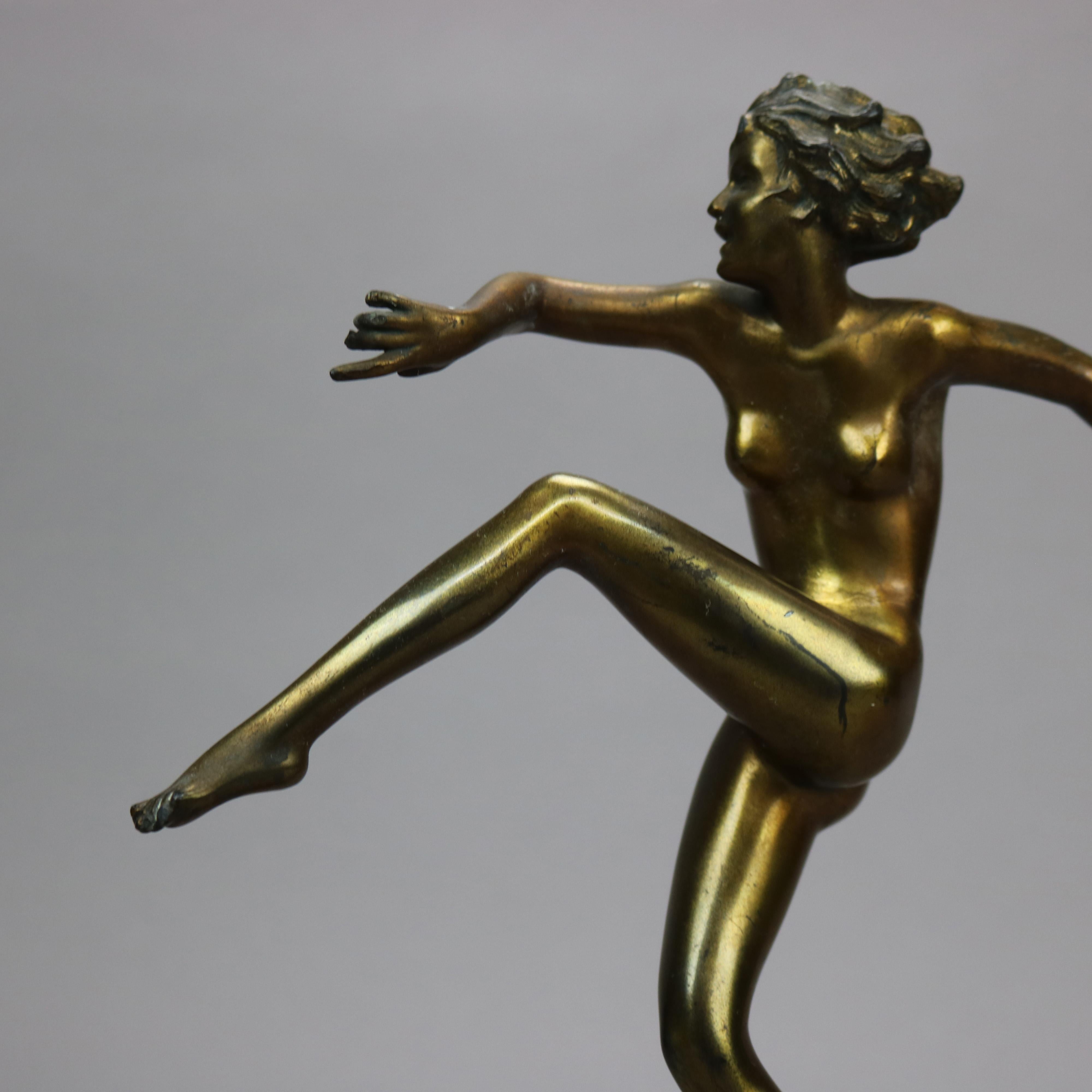 American Antique Art Deco Ronson Metal Dancing Nude Figure, Gold Finish, c1920