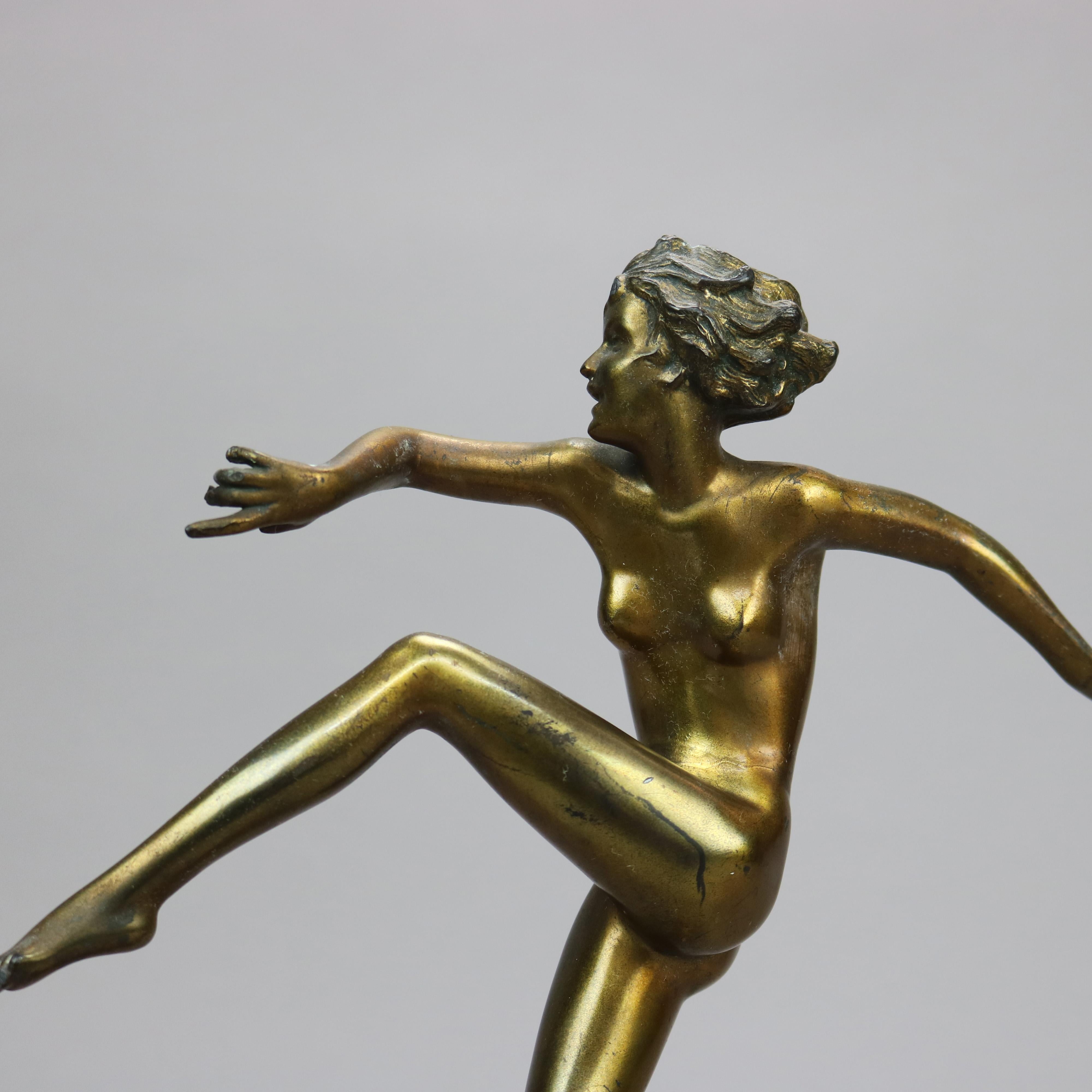 Antique Art Deco Ronson Metal Dancing Nude Figure, Gold Finish, c1920 In Good Condition In Big Flats, NY