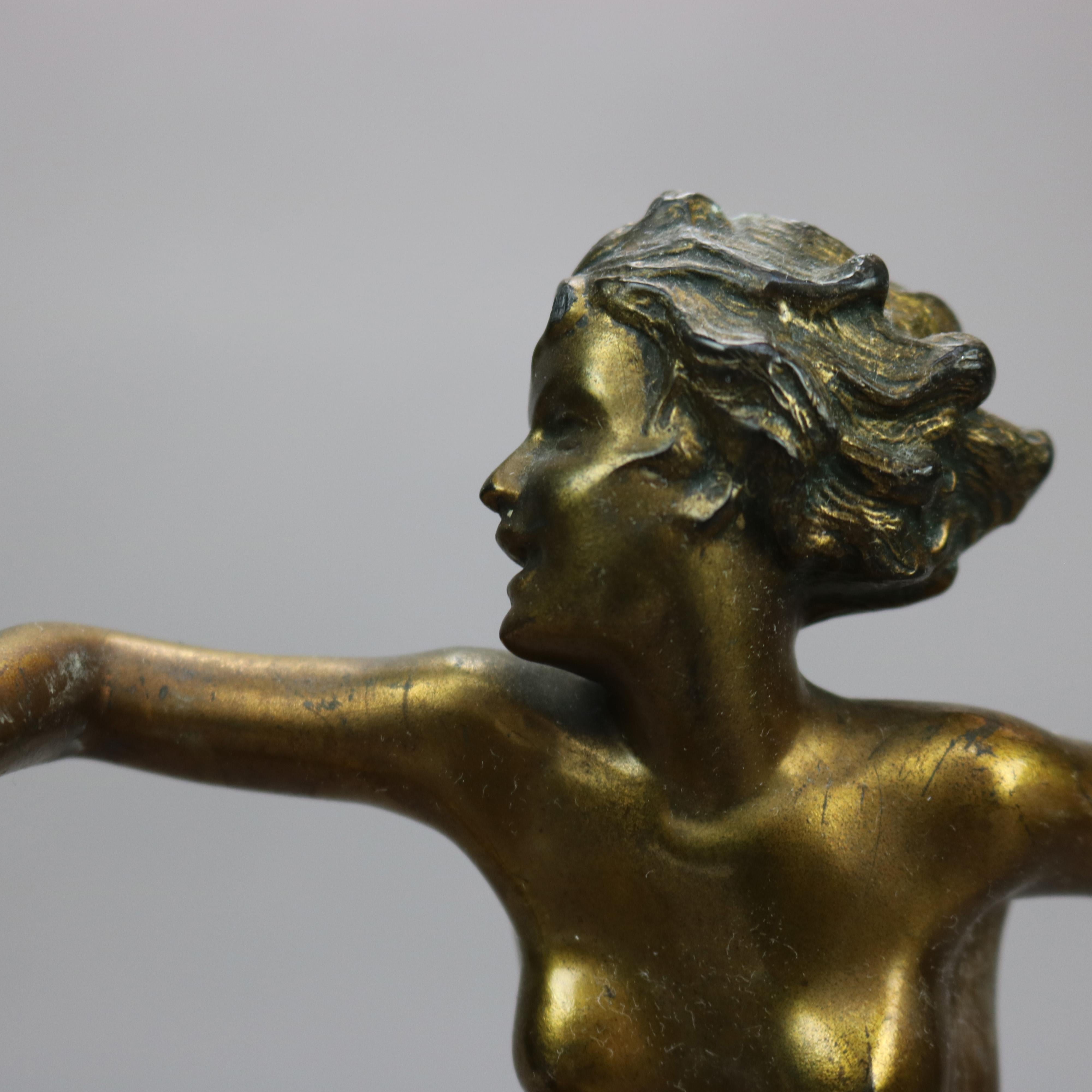 20th Century Antique Art Deco Ronson Metal Dancing Nude Figure, Gold Finish, c1920