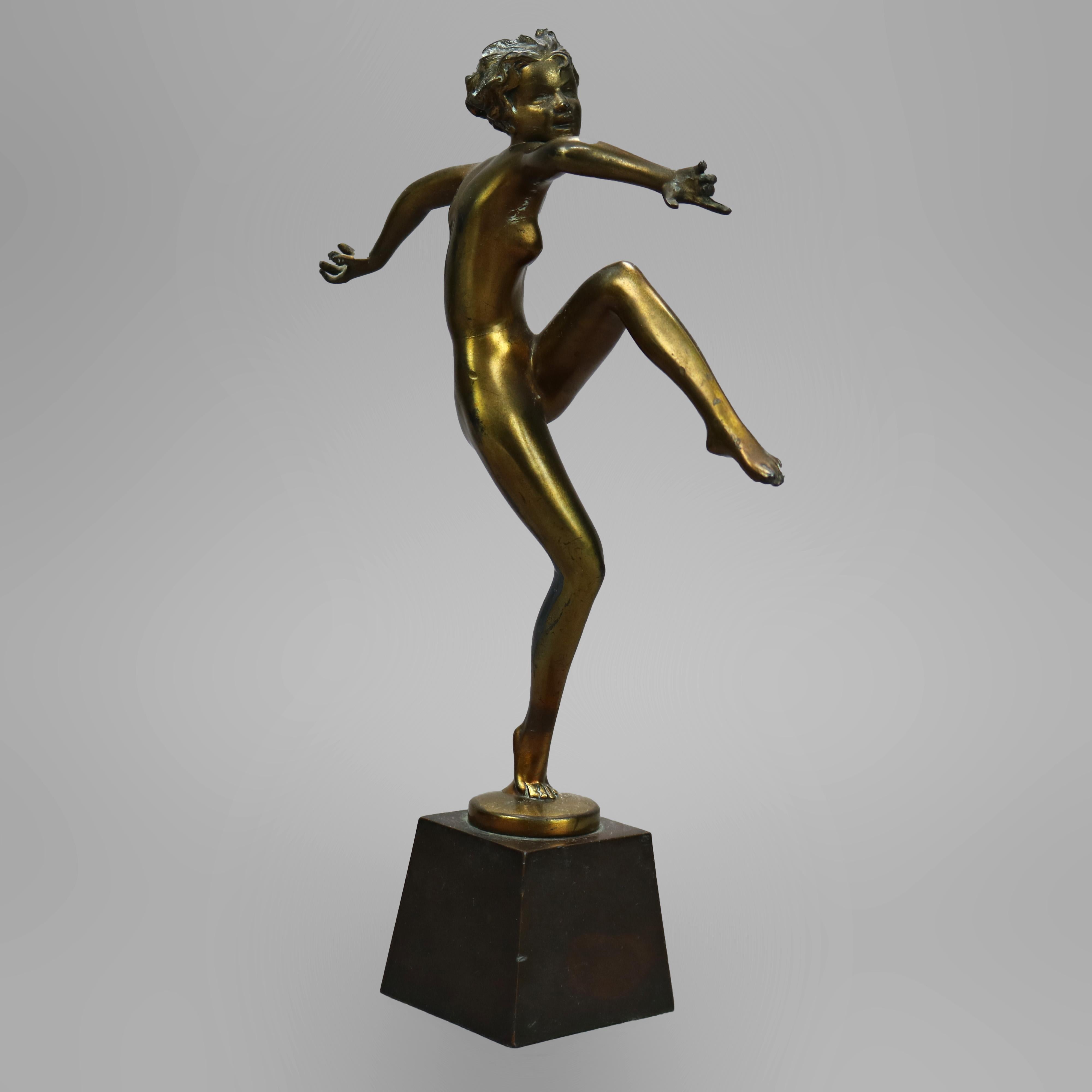 Antique Art Deco Ronson Metal Dancing Nude Figure, Gold Finish, c1920 1
