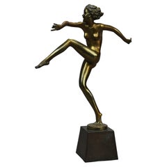 Antique Art Deco Ronson Metal Dancing Nude Figure, Gold Finish, c1920