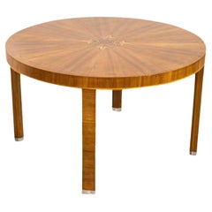 Antique Art Deco Round Dining Table with Wood Inlay 1930s