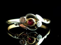Antique Art Deco Ruby and Diamond Crossover Ring, Trilogy, 18k Gold and Platinum