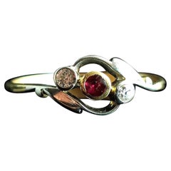 Antique Art Deco Ruby and Diamond Crossover Ring, Trilogy, 18k Gold and Platinum