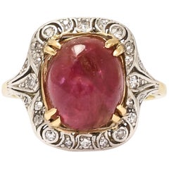 Antique Art Deco Ruby Cabochon Diamond Openworked Cocktail Ring