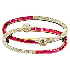 Antique Art Deco Ruby Diamond Brooch Platinum on 18K Gold Calibre Rubies, c1920