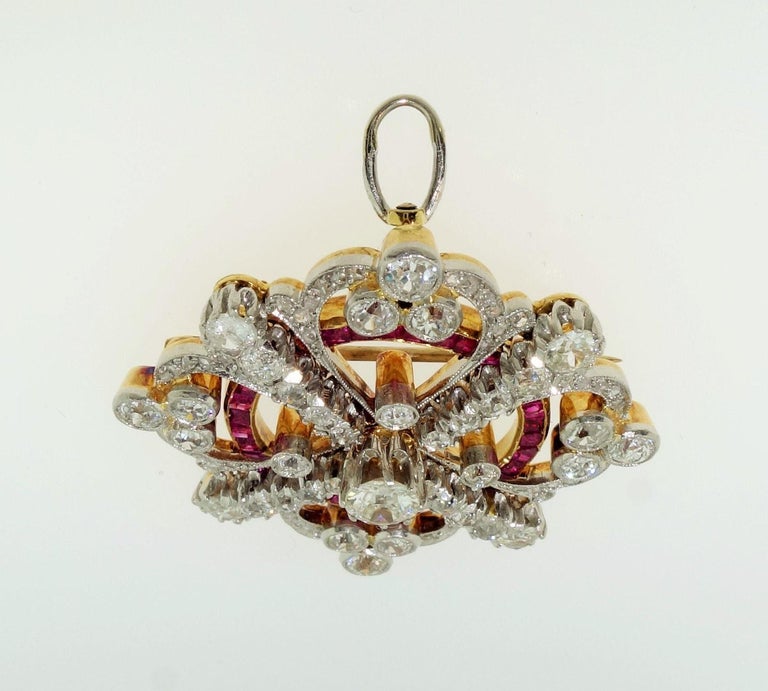 Antique Art Deco Ruby Diamond Platinum 18K Brooch Pendant