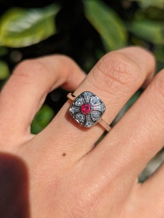 Antique Art Deco Ruby Diamond Square Plaque Ring Platinum 18k White Gold K /5.25