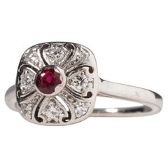 Antique Art Deco Ruby Diamond Square Plaque Ring Platinum 18k White Gold K /5.25