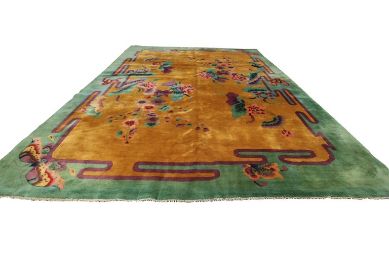 Antique Art Deco Chinese rug gold green butterfly rare 9x12 1920 antique Chinese

8'10