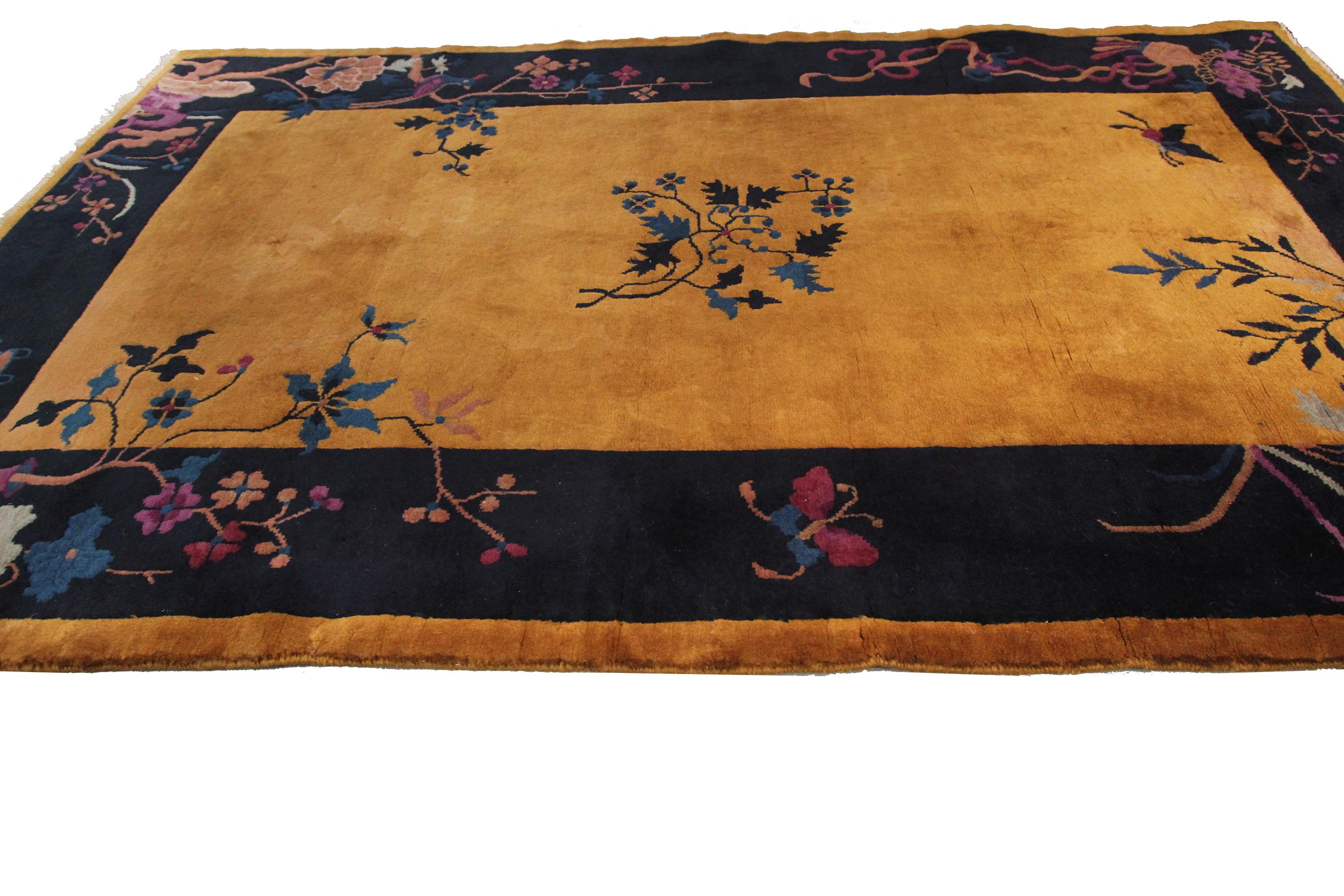 Wool Antique Art Deco Rug Antique Chinese Rug Chinese Rug 1920 Gold Chinese Rug For Sale