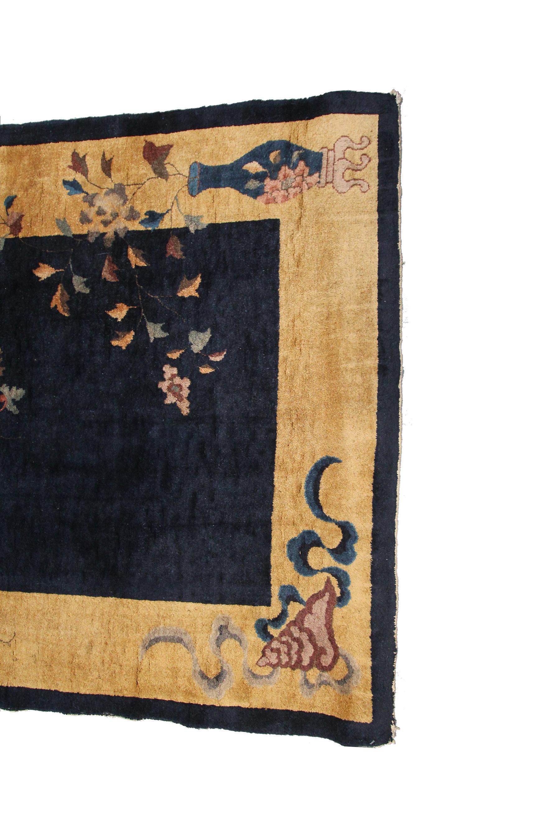 Wool Antique Art Deco Rug Antique Chinese Rug Walter Nichols Blue 4x7 122x203cm For Sale