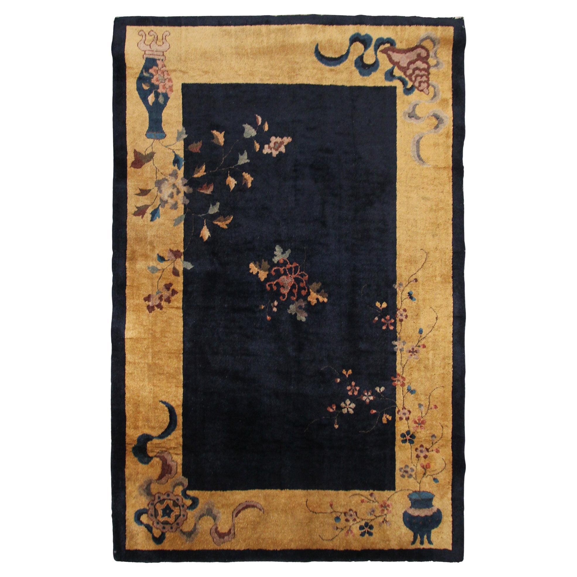 Tapis Art Déco ancien bleu Walter Nichols 4x7 122 x203 cm en vente