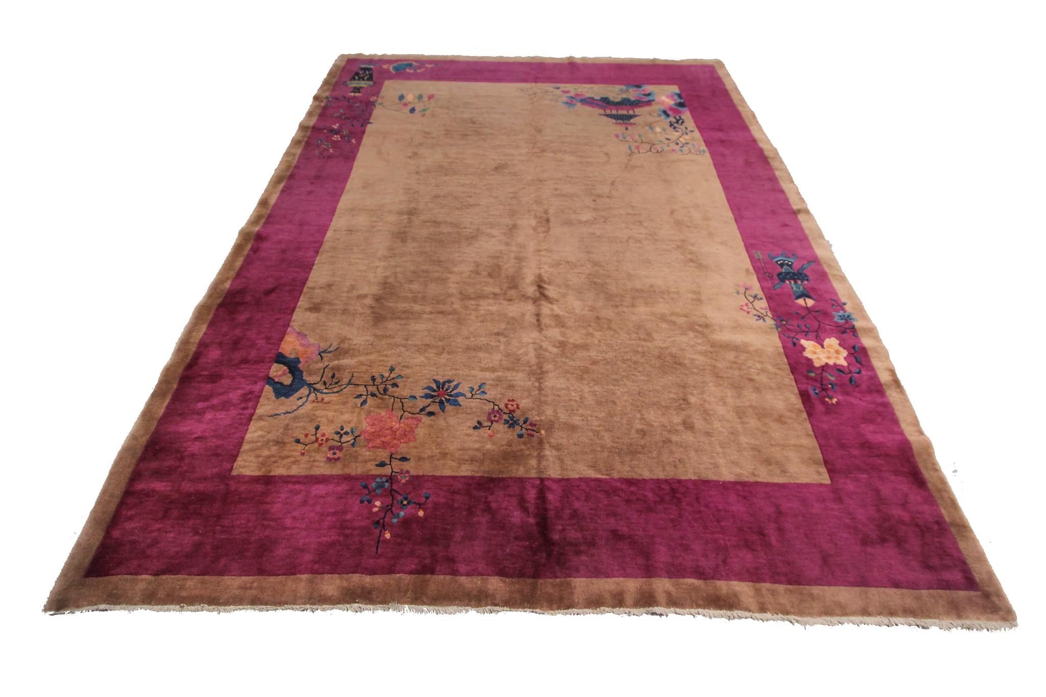 Hand-Knotted Antique Art Deco Rug Antique Chinese Walter Nichols Rug 1920 9x12 277cm x 348cm For Sale