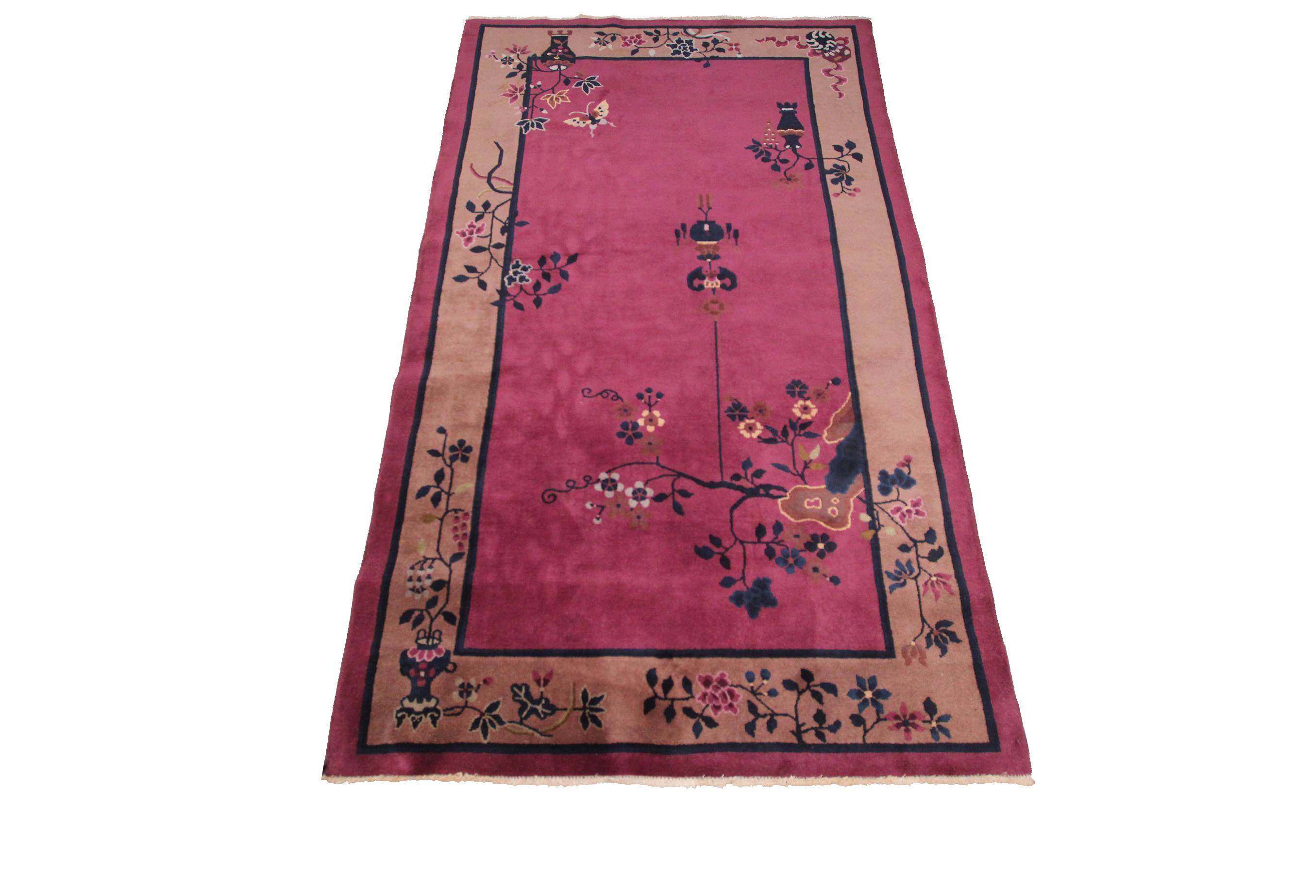 Early 20th Century Antique Art Deco Rug Antique Tree of Life Rug Chinese Rug 1920 Purple Vase For Sale