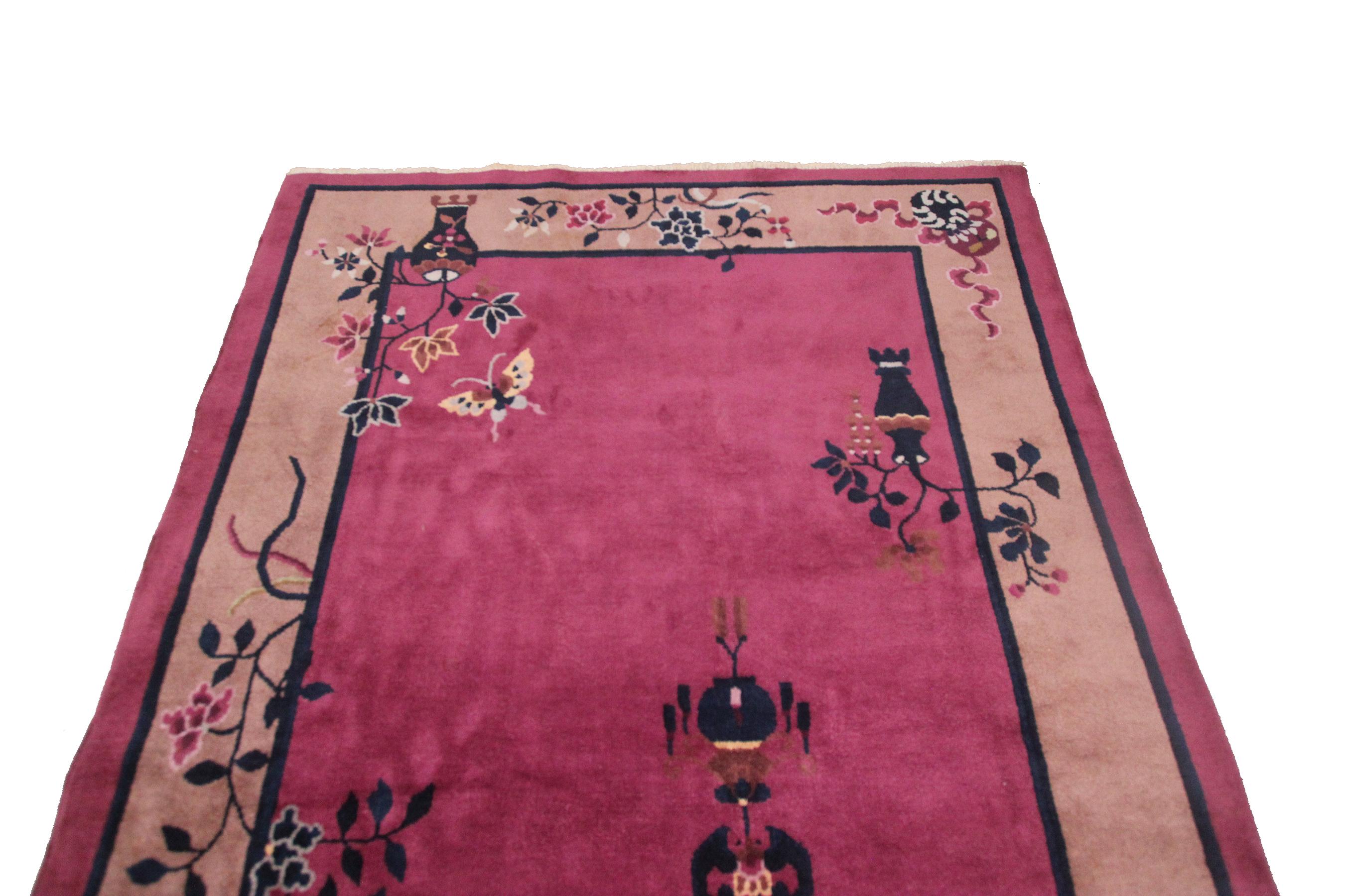 Wool Antique Art Deco Rug Antique Tree of Life Rug Chinese Rug 1920 Purple Vase For Sale