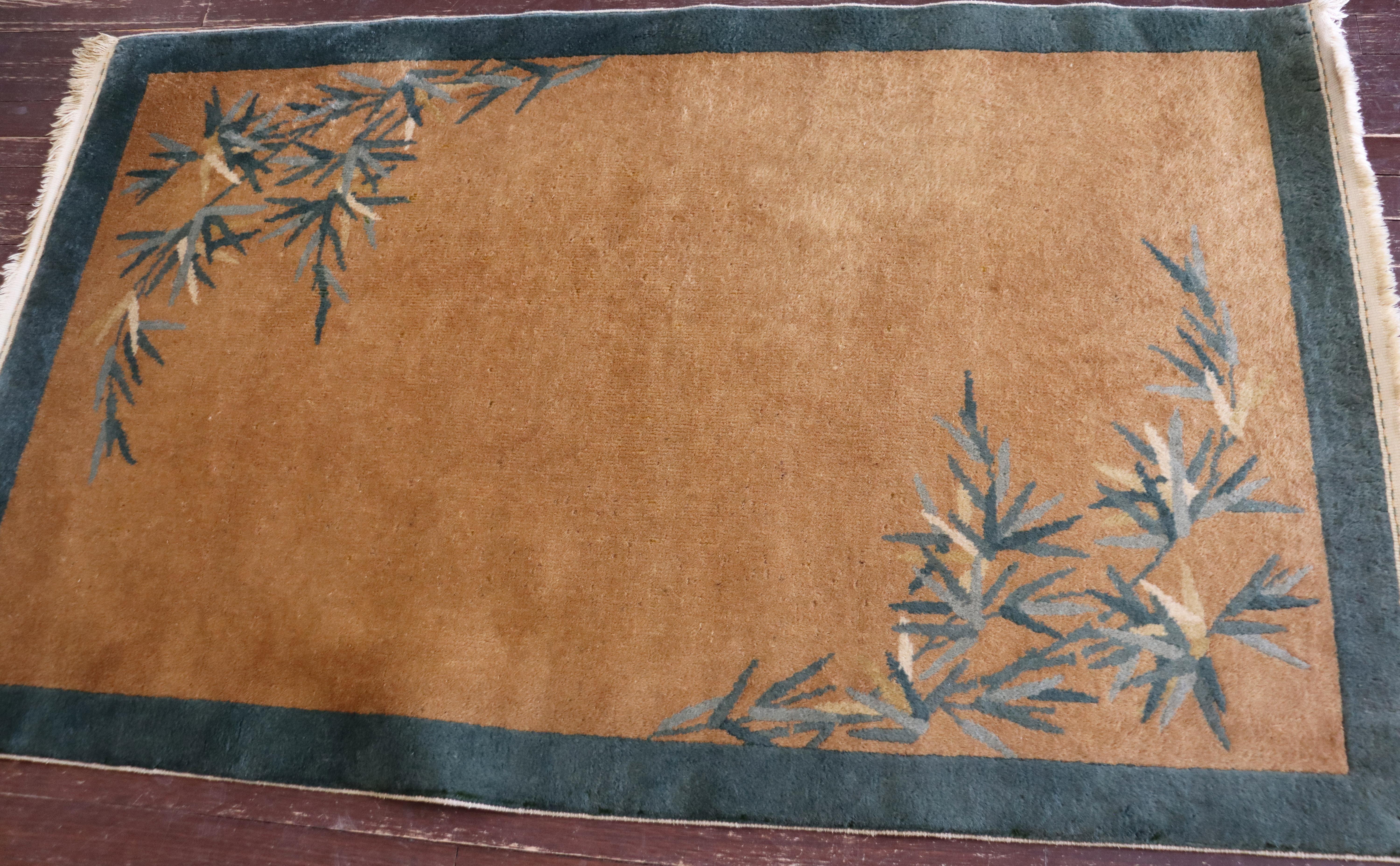 Antique Art Deco rug, bamboo tree.
This rug is in good condition, cleaned and no stained, the ends and bindings of the rug are intact as original and there has not been any repairs. There are no tears, breaks or holes.
The materials are from