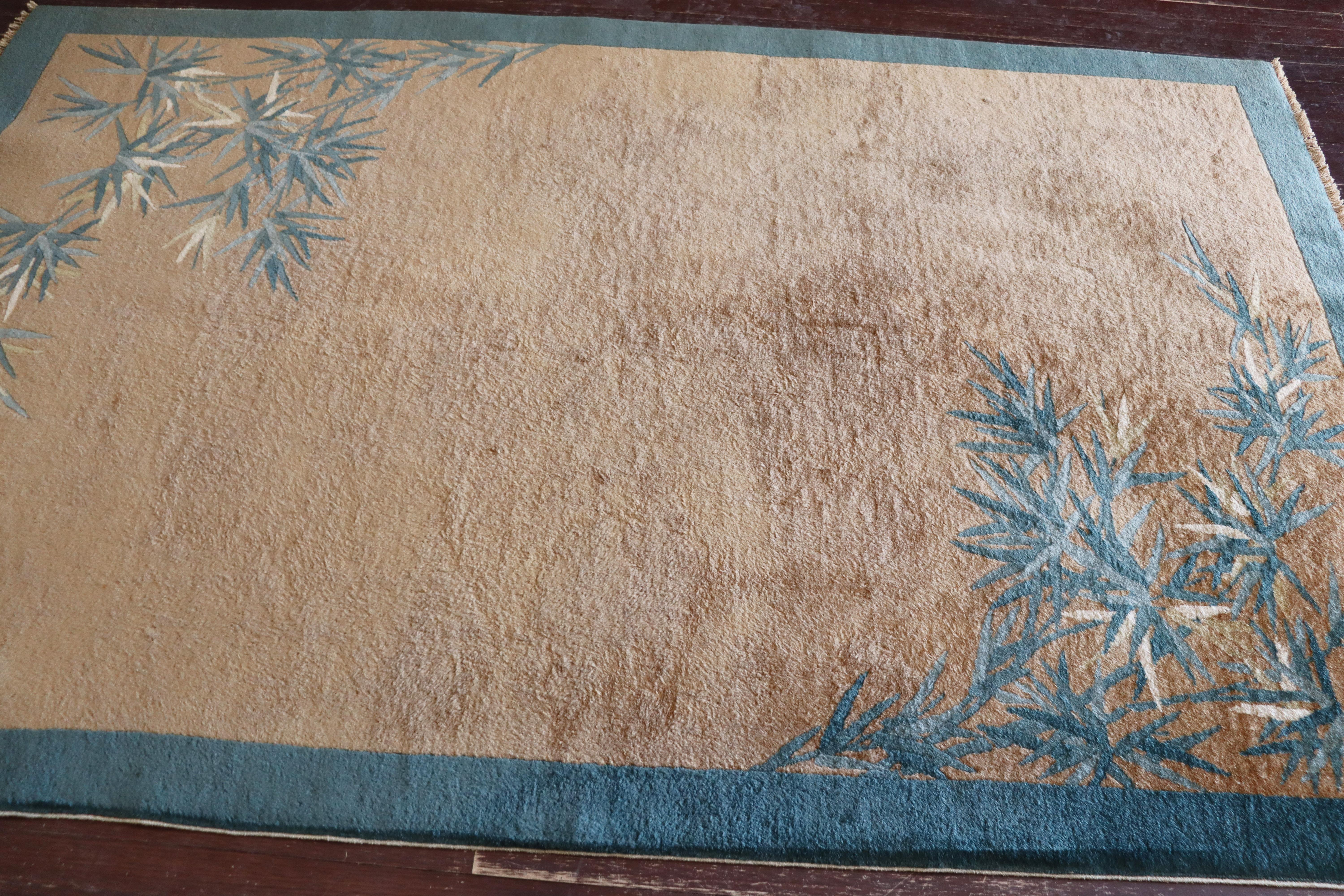 Wool Antique Art Deco Chinese Rug, Bamboo Tree 5'1