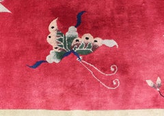 Antique Art Deco Rug in Rich Red Field with Light Grey and Floral Accents