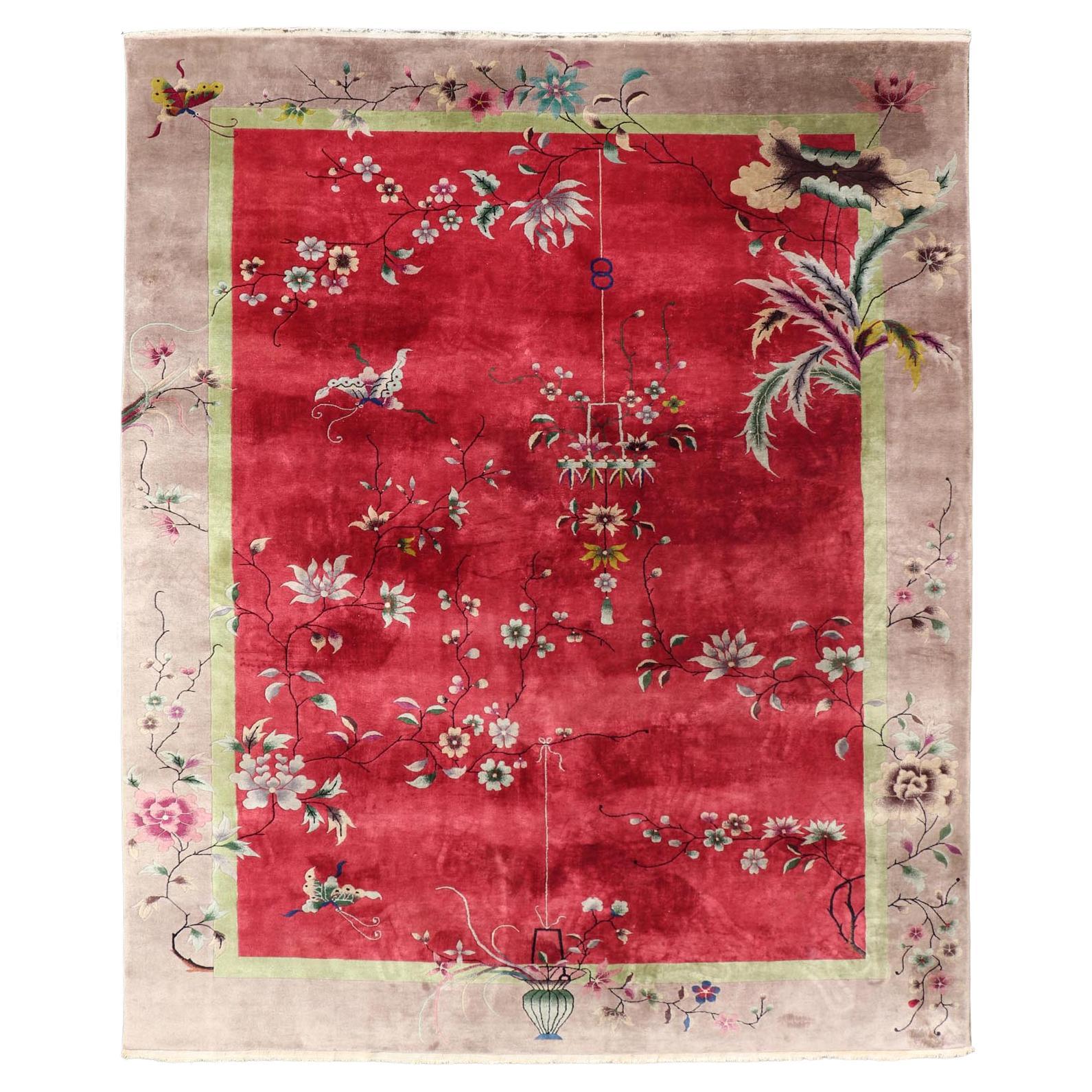 Antique Art Deco Rug in Rich Red Field with Light Grey and Floral Accents
