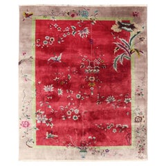 Antique Art Deco Rug in Rich Red Field with Light Grey and Floral Accents