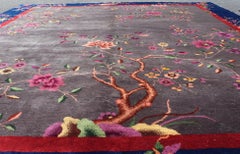 Antique Art Deco Rug in Soft Grey Field with Navy Blue and Red Border