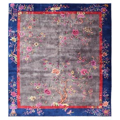 Antique Art Deco Rug in Soft Grey Field with Navy Blue and Red Border
