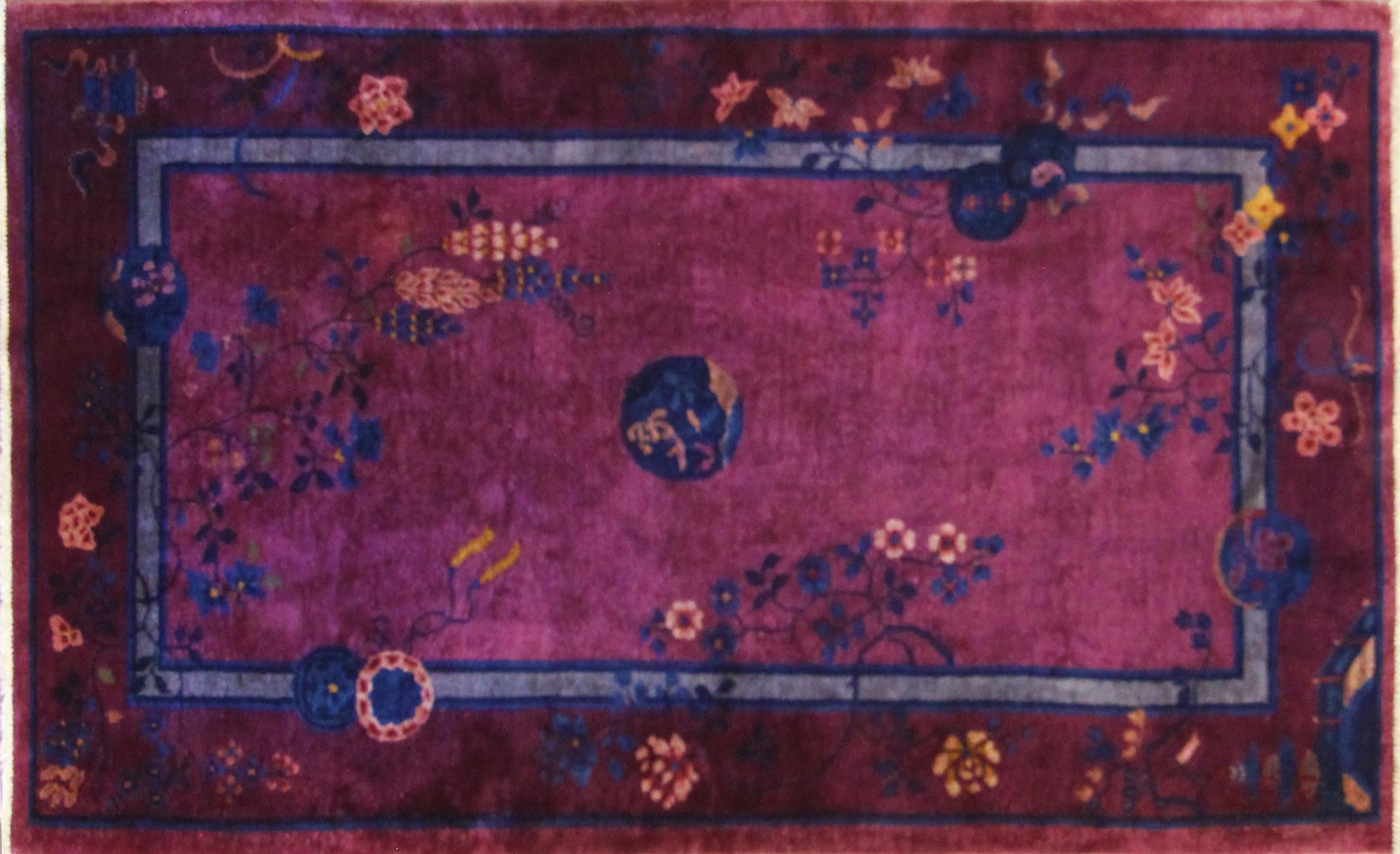 Amazing purple antique Art Deco carpet.
This rug is in excellent condition with high pile throughout the rug, cleaned and no stained, the ends and bindings of the rug are intact as original and there has not been any repairs. There are no tears,